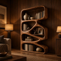 Bookshelf with five open compartments in a zigzag ribbon frame in an evening living room with walnut wall paneling