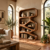 Bookshelf with five open compartments in a zigzag ribbon frame in a bright living room with arched windows and plants