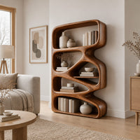 Bookshelf with five open compartments in a zigzag ribbon frame in a Scandinavian living room with white walls