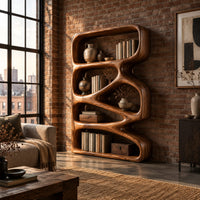 Bookshelf with five open compartments in a zigzag ribbon frame in an industrial loft living room with exposed brick