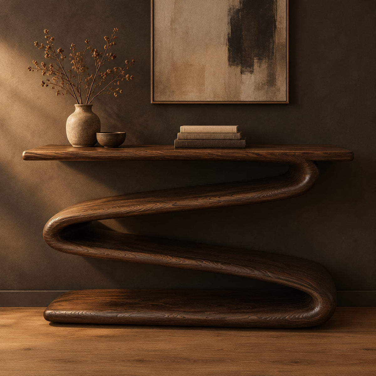 Console table with a continuous zigzag ribbon base and a flat slab top in a dark studio against a charcoal plaster wall