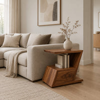 Zigzag side table with an angled top, open niche and slanted lower box in a Scandinavian living room with white walls