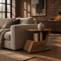Zigzag side table with an angled top, open niche and slanted lower box in an industrial loft living room with exposed brick