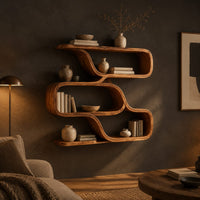 Zigzag wall shelf made of three wide open loops in a dark living room at golden hour