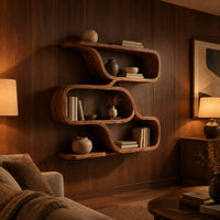Zigzag wall shelf made of three wide open loops in an evening living room with walnut wall paneling