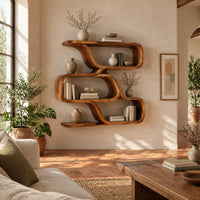 Zigzag wall shelf made of three wide open loops in a bright living room with arched windows and plants