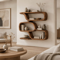 Zigzag wall shelf made of three wide open loops in a Scandinavian living room with white walls
