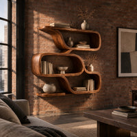 Zigzag wall shelf made of three wide open loops in an industrial loft living room with exposed brick