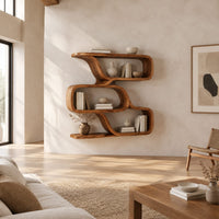 Zigzag wall shelf made of three wide open loops in a bright open plan living room